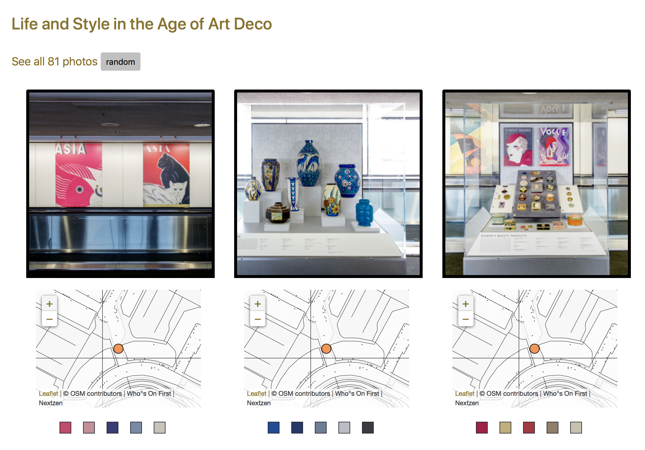 Smart cropped thumbnails and color palettes of installation photos from the Life and Style in the Age of Art Deco exhibition