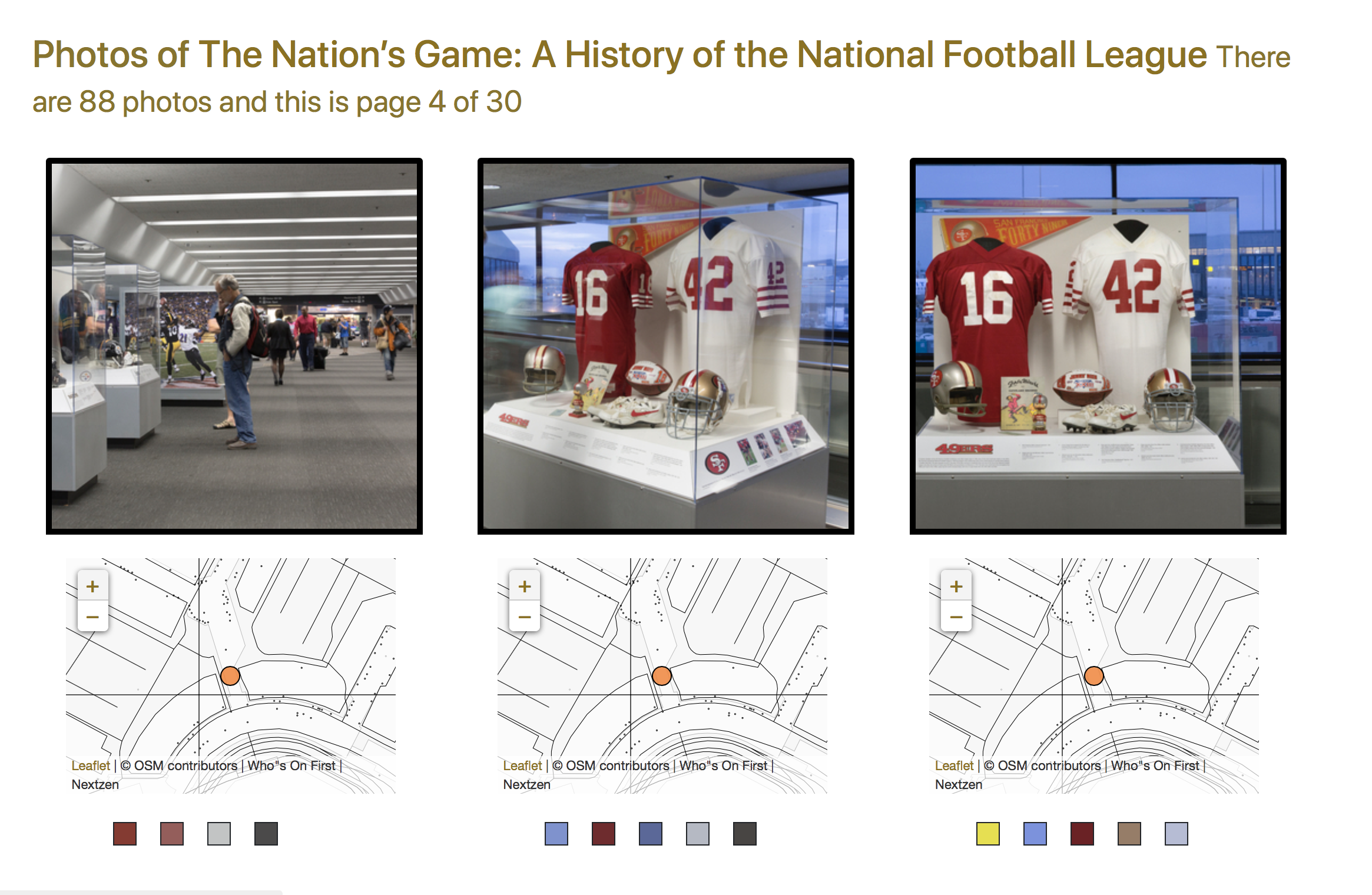 Smart cropped thumbnails and color palettes of installation photos from the The Nation’s Game: The NFL from the Pro Football Hall of Fame exhibition